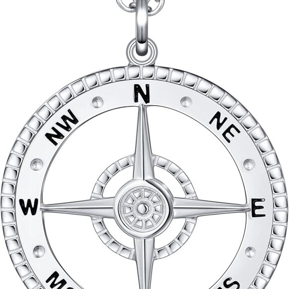 S925 Sterling Silver Large Compass Viking Pendant Necklace for Men Women Graduat